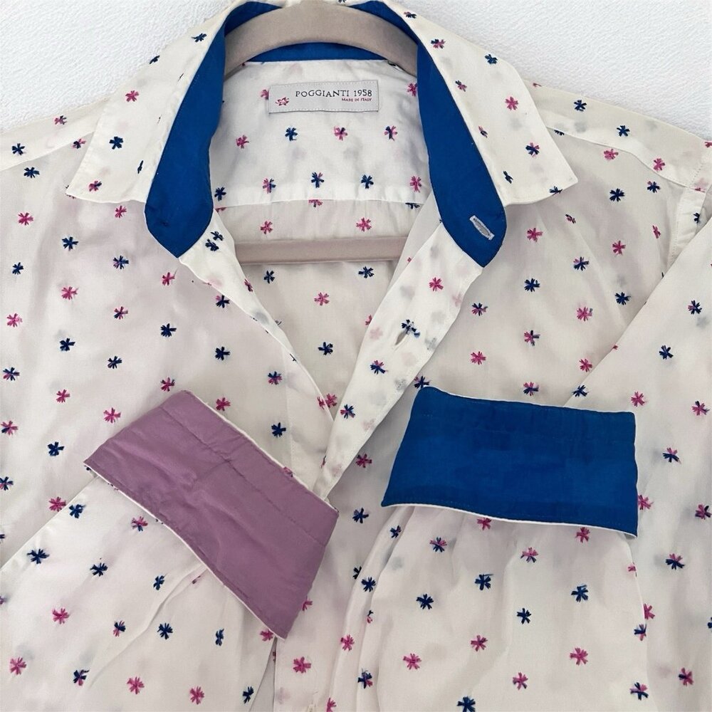 POGGIANTI 1958 Italy Men’s Shirt Small S Floral Embroidered Luxury White Cotton